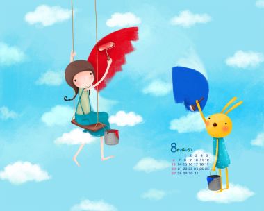 八月童趣插画：女孩与兔子粉刷天空
