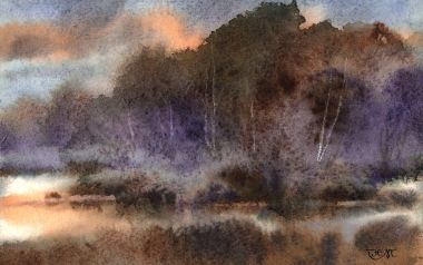 水彩画：夕阳下的森林湖泊