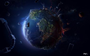 奇幻蓝月异星星球 深空科幻景观插画