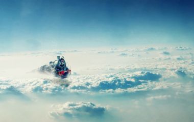 穿越高空云海的复古蒸汽火车超现实奇幻风景