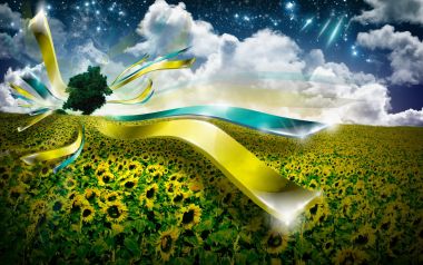 乌克兰蓝黄丝带向日葵花田奇幻星空超现实艺术壁纸