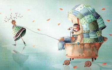 奇幻童话插画：浴缸里的鲸鱼与牵引女孩