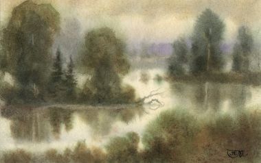 水彩风格朦胧森林湖泊风景画