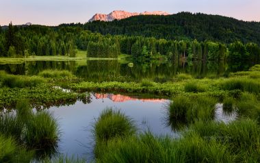 阿尔卑斯山麓高山湖泊湿地 日出日照金山风光