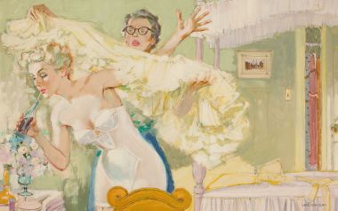 Getting Dressed Retro American Illustration Fun Bedroom Scene