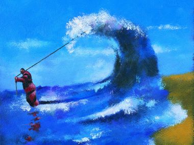 创意油画 巨浪中垂钓的红衣人 商务励志概念插画