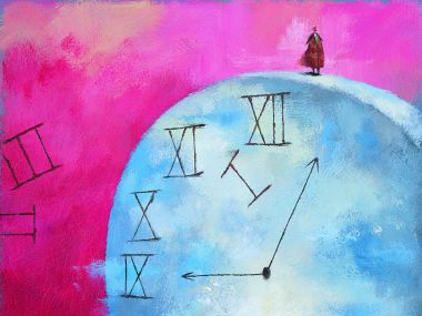 Businessman Standing On Giant Clock Surreal Time Concept Illustration