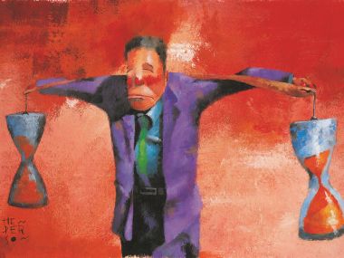 Business Man Holding Two Hourglasses Time Balance Concept Painting