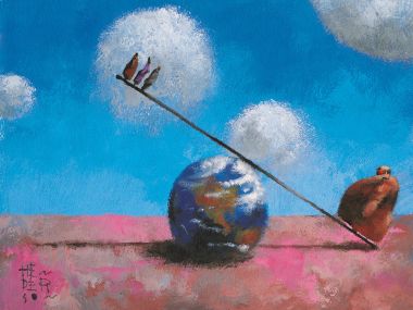 Surrealist Oil Painting Earth Seesaw Balance Business Concept Art