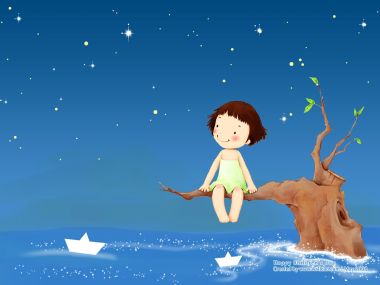 儿童节主题 星空下坐水面树枝的小女孩童趣插画