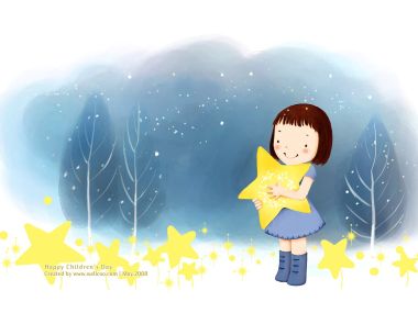 儿童节主题 抱星星的小女孩水彩插画