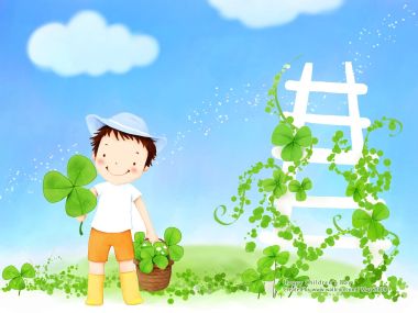 儿童节可爱小男孩采摘三叶草童趣插画