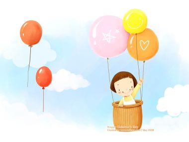 六一儿童节童趣插画 小女孩乘气球吊篮遨游天空