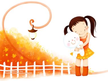 儿童节主题 抱白兔玩偶的小女孩秋日插画