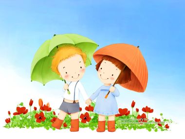 Happy Childrens Day Illustration Boy Girl Holding Umbrellas Hand In Hand