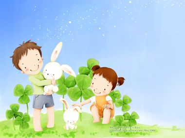 Happy Childrens Day Cute Illustration Kids Play With White Rabbits