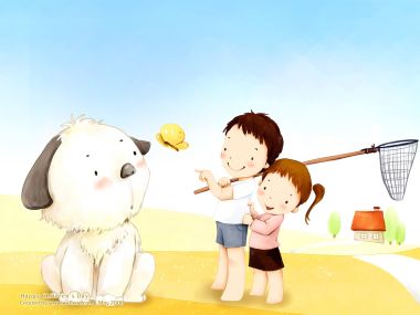 Happy Childrens Day Illustration Siblings And Dog Outdoor Play