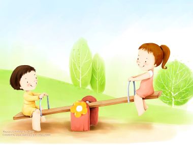 儿童节童趣插画 两名小女孩在公园玩跷跷板