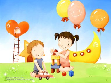 Happy Childrens Day Illustration Kids Playing Toys On Grass
