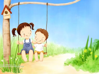 Happy Childrens Day Illustration Two Kids Swinging Outdoor