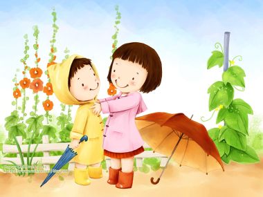 Raincoat Siblings Sweet Interaction Children Day Watercolor Illustration