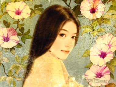陈淑芬手绘 牵牛花旁回眸长发少女复古插画