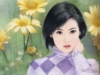 陈淑芬甜美时光系列 雏菊旁的短发少女水彩插画