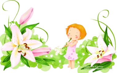 手持百合花吹奏的可爱小女孩卡通插画
