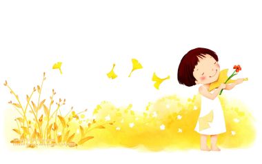 秋日抱银杏叶的可爱短发小女孩童趣水彩插画