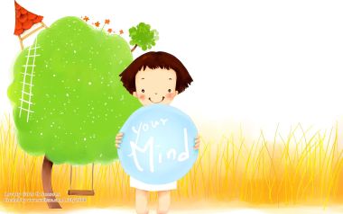 手持Your Mind圆牌的短发小女孩童趣治愈插画