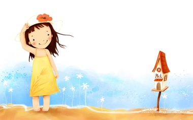 夏日沙滩戴遮阳帽的可爱小女孩水彩插画