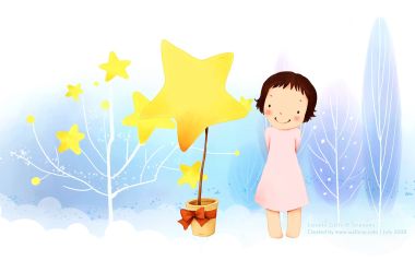 治愈系卡通小女孩与星星盆栽童趣插画