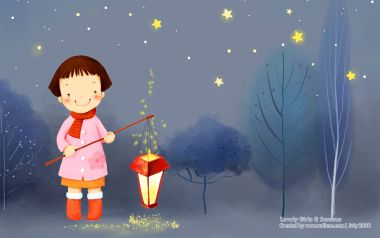 冬夜星空下提红灯笼的可爱小女孩卡通插画