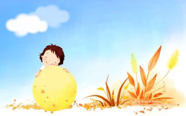卡通水彩插画 抱金色圆球的小男孩秋日童趣场景