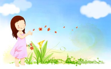 Cute Little Girl Throwing Petals Under Blue Sky Spring Cartoon Illustration