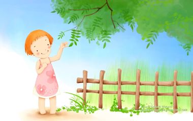 夏日户外伸手触碰树叶的可爱小女孩卡通插画
