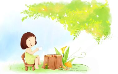 春日户外喝茶的可爱短发小女孩水彩卡通插画