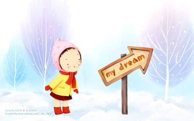 冬日雪景小女孩望向梦想路牌童趣水彩插画