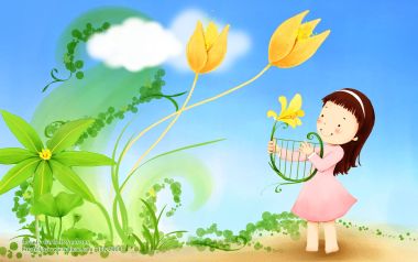 春日卡通小女孩弹奏花朵竖琴插画