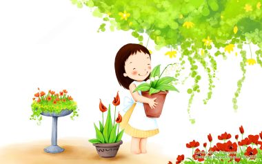 抱着铃兰花盆栽的可爱小女孩春日插画
