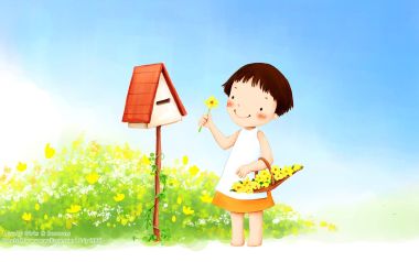 春日花田边手持黄花的可爱小女孩卡通插画