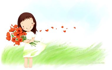 春日草地上抱红色花束的可爱卡通小女孩插画