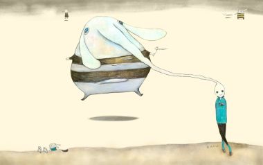 童趣超现实水彩插画 牵着悬浮条纹奇幻生物的蓝衣小人