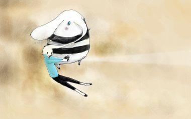蓝衣服卡通小人拥抱软萌条纹奇幻生物水彩治愈插画