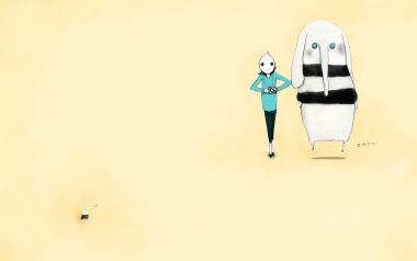 暖黄色背景治愈系童趣插画 卡通人物与软萌条纹大象