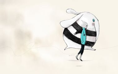 治愈手绘插画 卡通小人与巨型软萌白兔 文艺壁纸