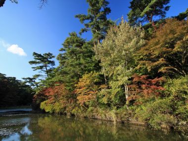 日本六甲山秋日湖畔彩林风光