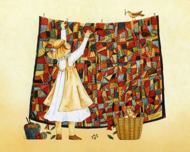 Little Girl Hanging Patchwork Quilt Ellen Stouffer Rural Illustration