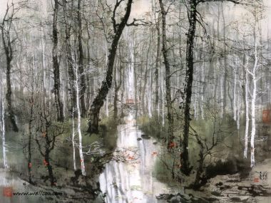 刘懋善 雾中森林溪流水墨山水画