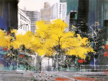 刘懋善 秋日都市街景彩墨风景画
